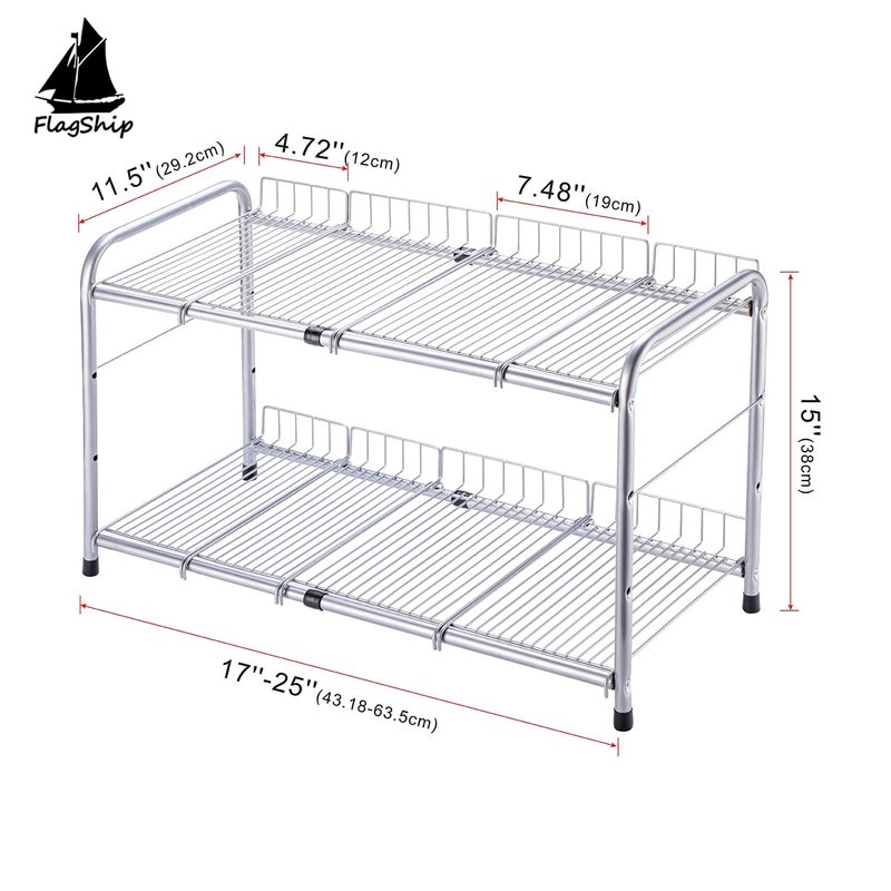 FlagShip 2 Tier Under Sink Organizers and Storage Rack Expandable Cabinet Shelf for Kitchen Bathroom Silver (17-25 inches) - Image 2